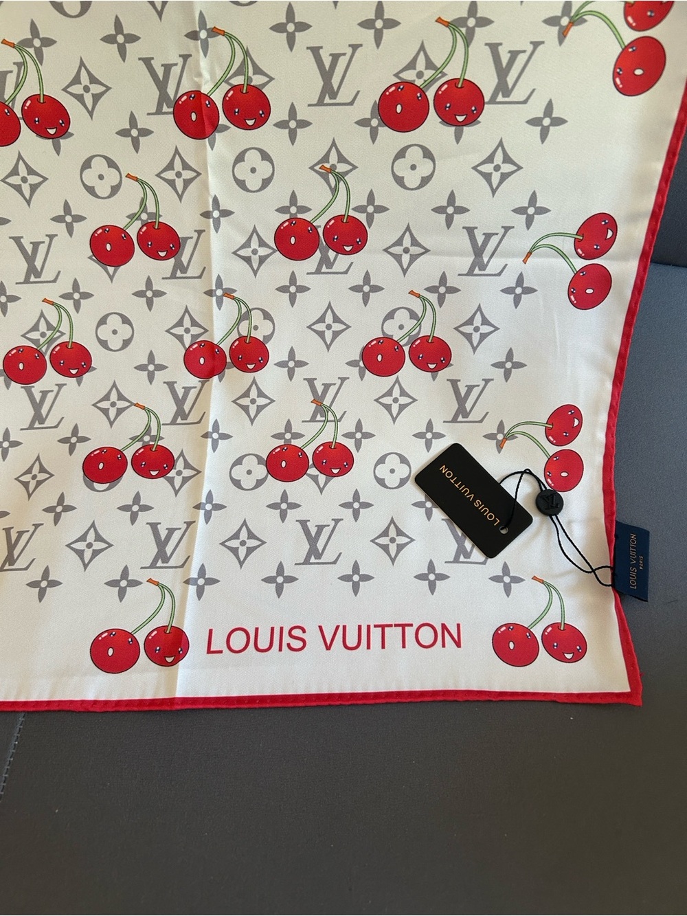 Louis Vuitton White Silk Scarf with Red Cherry Motif - Picture 2 of 4